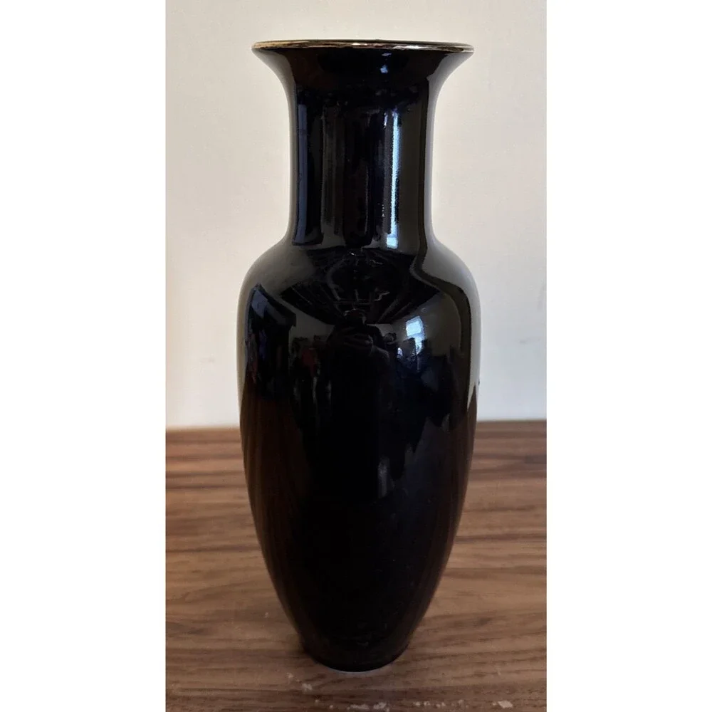 Vintage Black Hand Painted Art Black Pottery Vase 11” Japanese Tulips